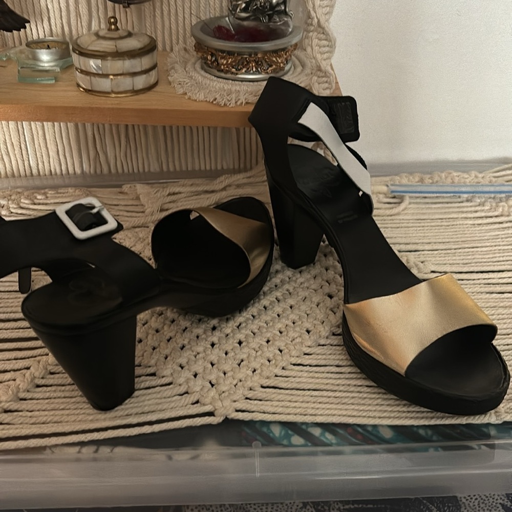 Emilie Karston Leather Ankle Strap Heel Sandals Gold Black White Made in France